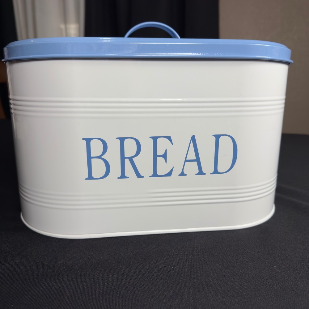 Vintage Style White and Blue Metal Bread Box Farmhouse Kitchen Storage Bin